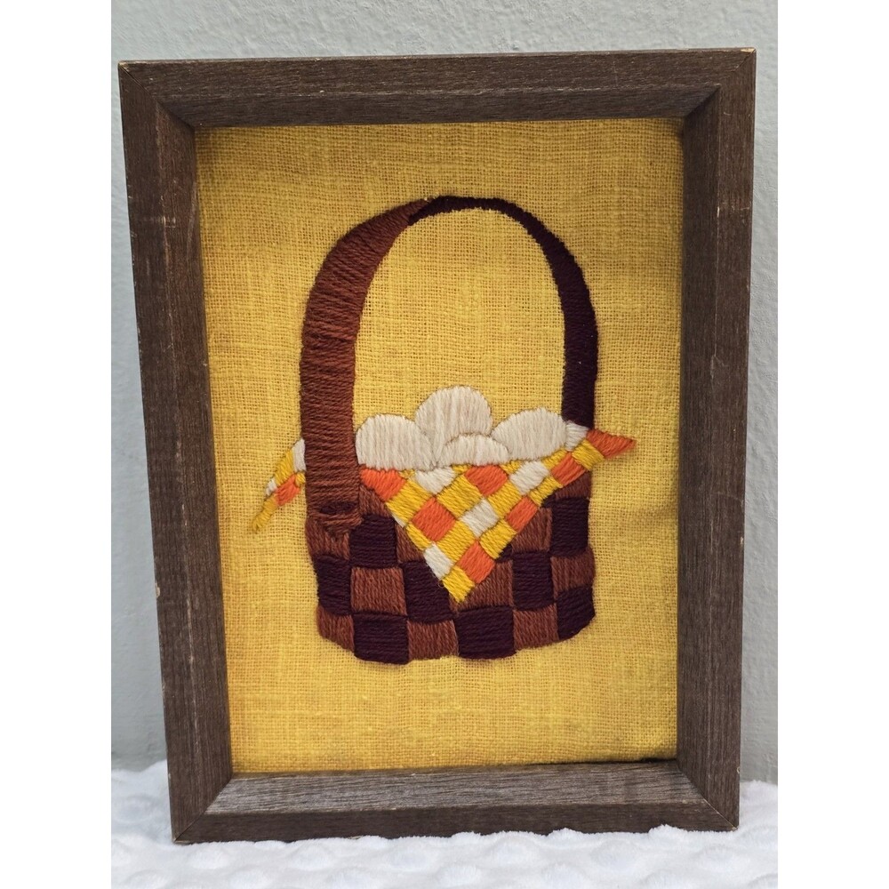 Vintage Embroidery Harvest Basket Eggs Checker Wall Art Wooden MCM Frame Repair